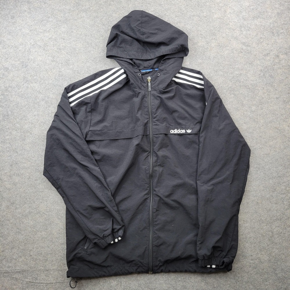 Adidas Jacket Mens Large Black Hooded Full Zip Windbreaker‎ 3 Stripes BR6984